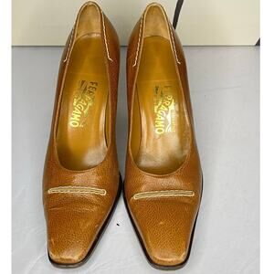 Salvatore Ferragamo Leather Square Toe Heels Size 10 Camel